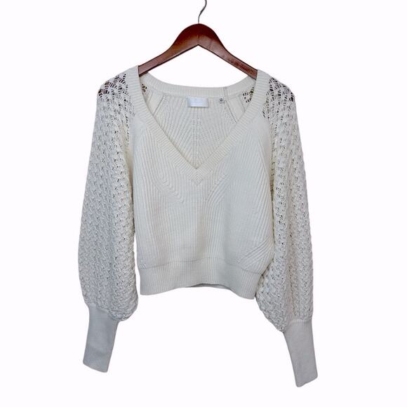 7 For All Mankind Sz M Knit Blouson Sleeve Sweater Cream Boho  Cotton Blend Soft - Picture 3 of 16